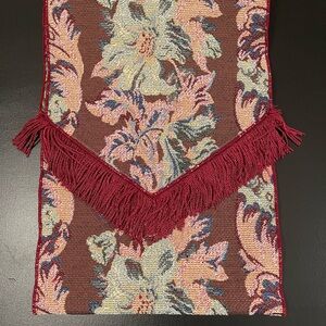 Reversible Floral Tapestry Table Runner with Burgundy Fringe